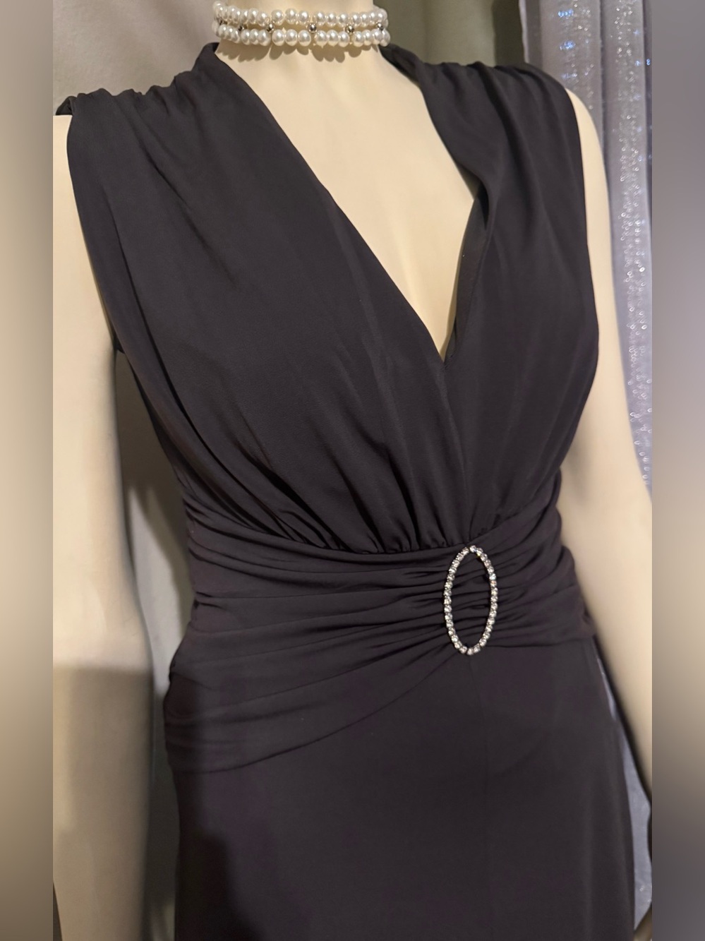 Dessy Collection Gray Evening Gown with Rhinestone Oval Accent